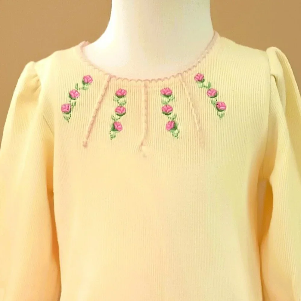Scooters Yellow Embroidered Knit Romper 6-9m Long Sleeve Pink Flowers